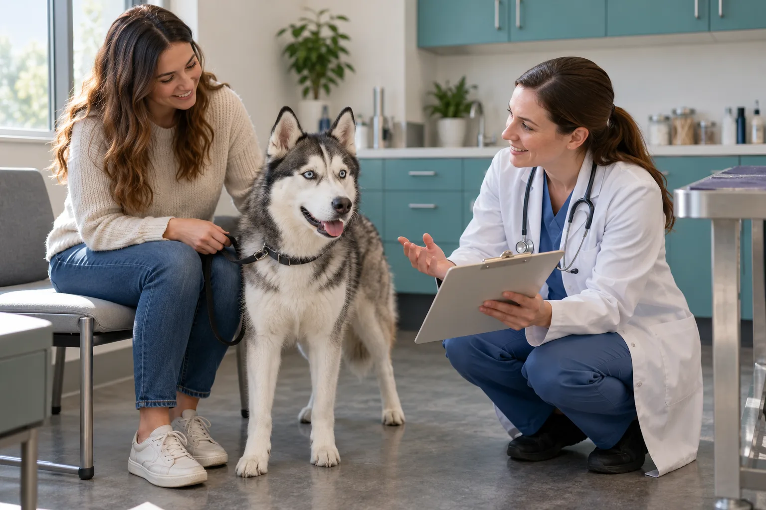 Gray-and-white Husky standing between its owner and a crouching veterinarian